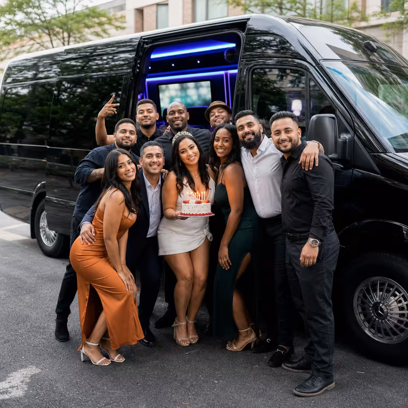 Party bus interior with wraparound leather seating and LED lighting in Delray Beach