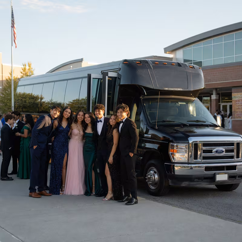 Group boarding a white charter bus for Prom & Homecoming Transportation transportation in Delray Beach