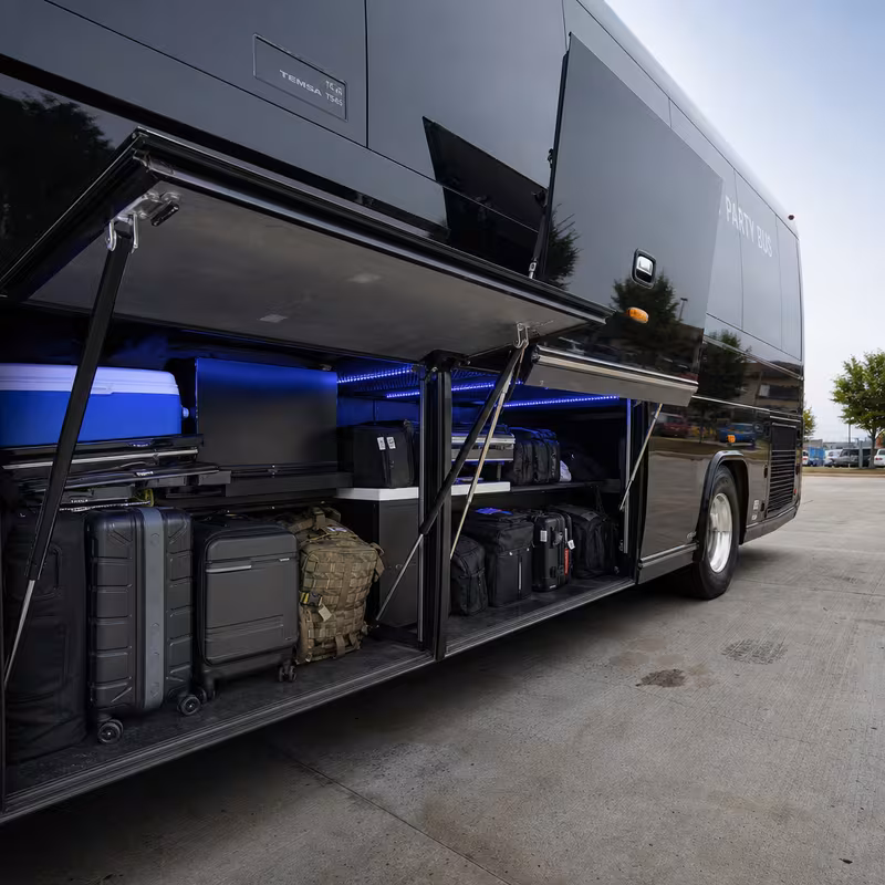 Party bus interior with wraparound leather seating and LED lighting in Delray Beach